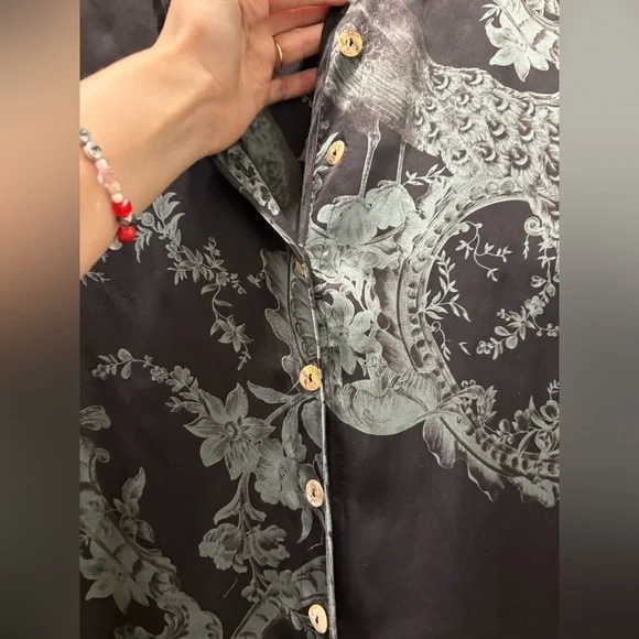 CITRON Santa Monica 1x Silk Black Button-Front Top Sage Peacock Print - Picture 3 of 11